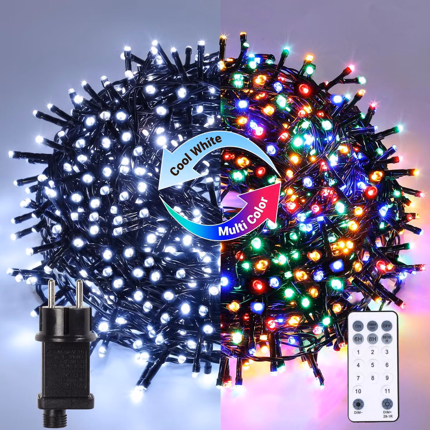 Catena luminosa a LED, 50 metri, 500 LED, luce bianca fredda, cambio colore, per interni ed esterni