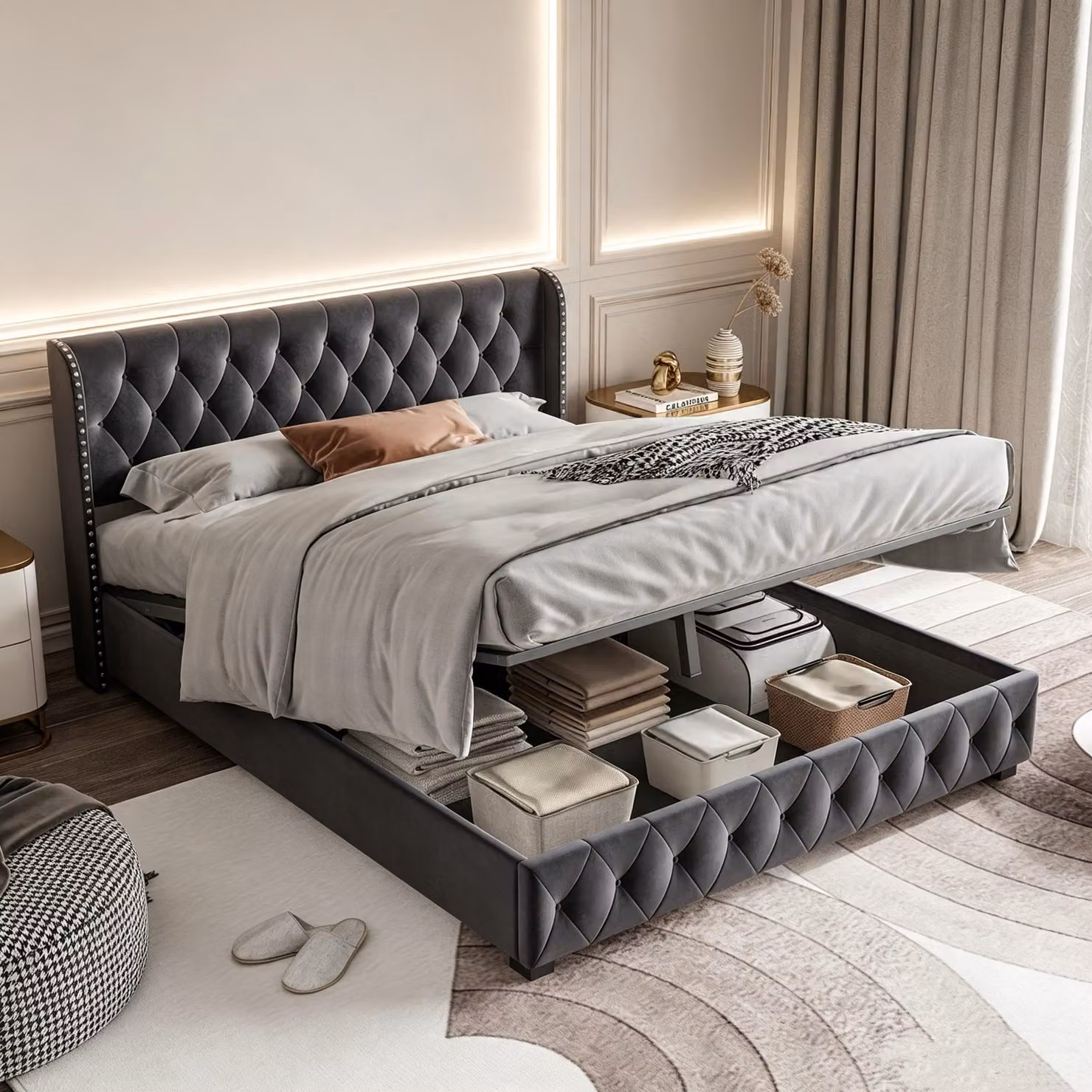 Letto contenitore con boxspring, 140x190 cm, con meccanismo a sollevamento idraulico, rete a doghe e contenitore integrato, letto matrimoniale con spazio contenitivo, letto per ragazzi, rivestito in velluto, colore grigio