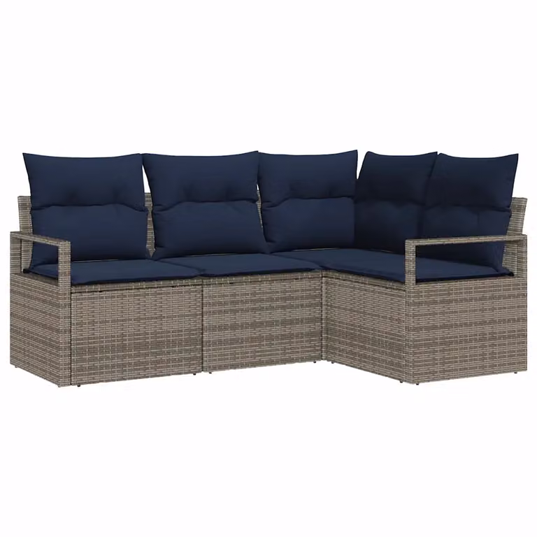Set di divani da giardino vidaXL a forma di L in rattan con tavolino e cuscini, colore grigio e blu