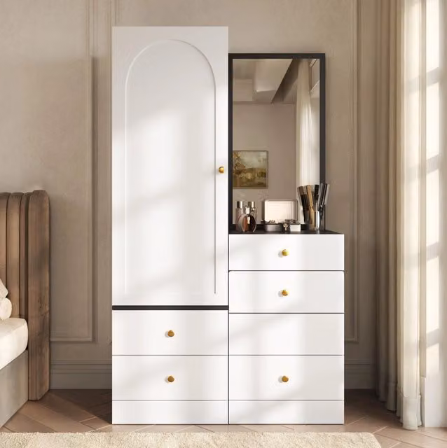 Armadio con specchio intero; sgabello estraibile e 4 cassetti in MDF; nero e bianco