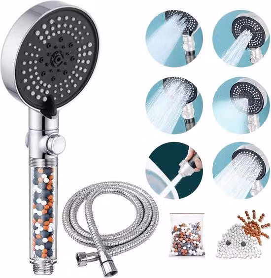 Soffione doccia ad alta pressione con tubo flessibile da 15 m, finitura cromata argento, a risparmio idrico