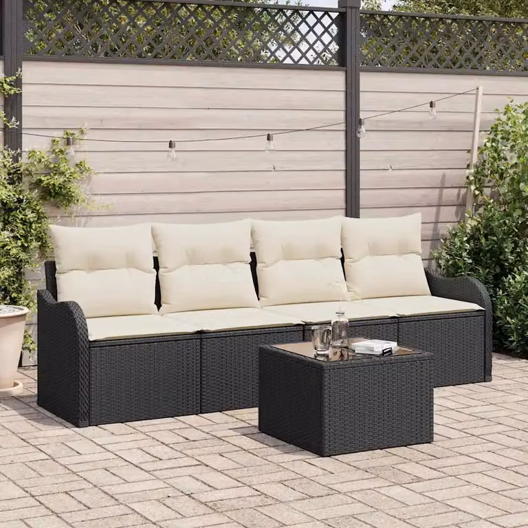 Set Divano da Giardino a L vidaXL Nero con Tavolino e Cuscini in Polyrattan e Acciaio