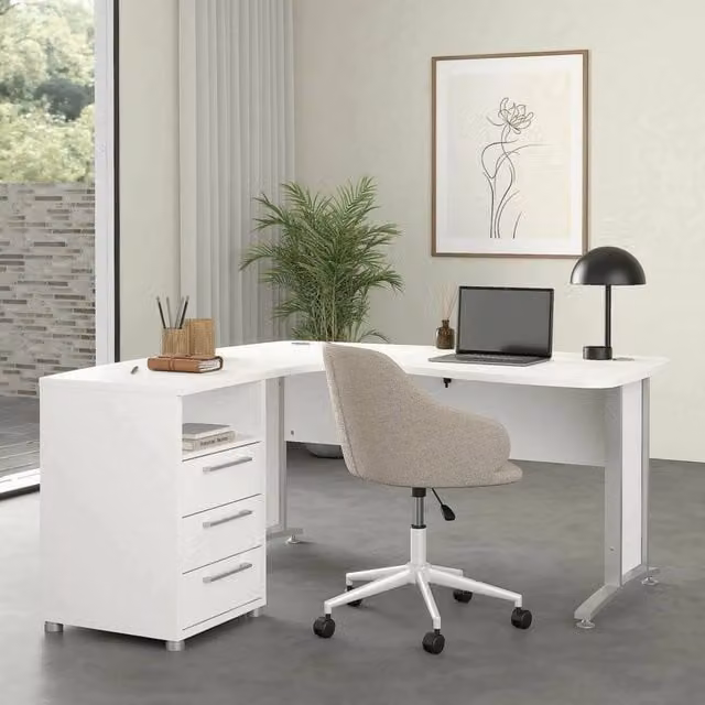 Scrivania DMORA moderna con cassettiera, tavolo per ufficio e computer in MDF laminato opaco, Bianco e Grigio, L: 150,4 cm, H: 75,4 cm