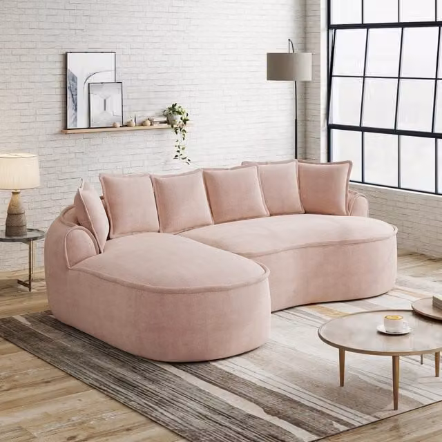 Divano Angolare Modulare con Chaise Longue ¨C MINIMAL ¨C Tessuto Chenille, Rosa, Cuscini Inclusi