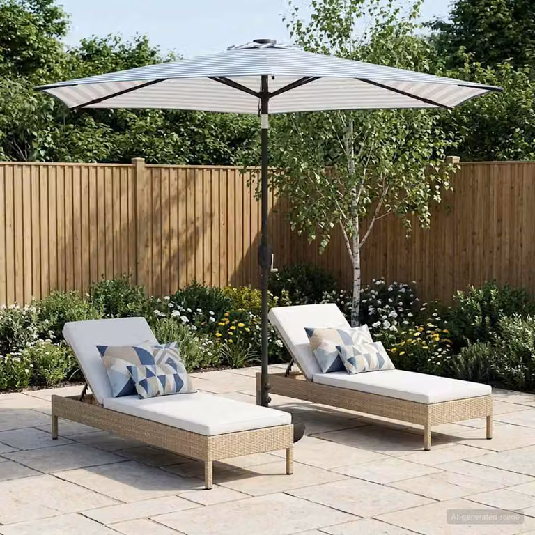 Parasol da giardino con luci LED e base vidaXL in poliestere, disponibile in blu, bianco o grigio, L: 270 cm x P: 270 cm