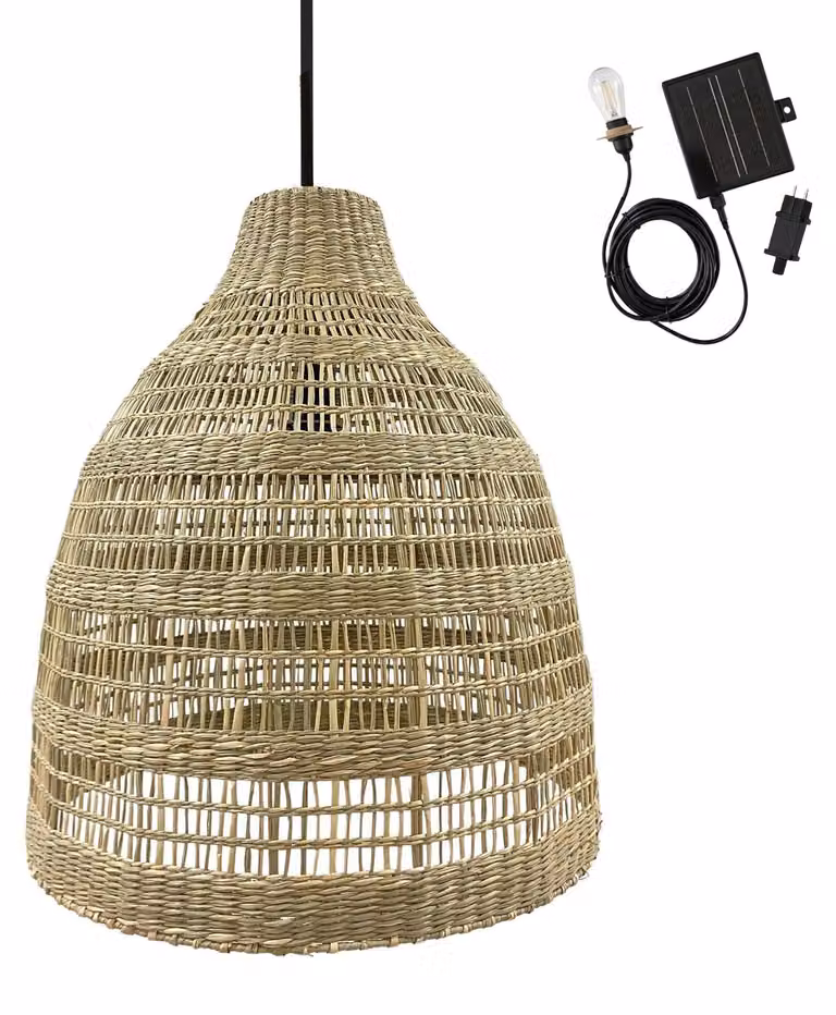 Lampada a sospensione solare in alghe marine intrecciate, con LED a luce bianca calda, lunghezza del cavo: 5 metri