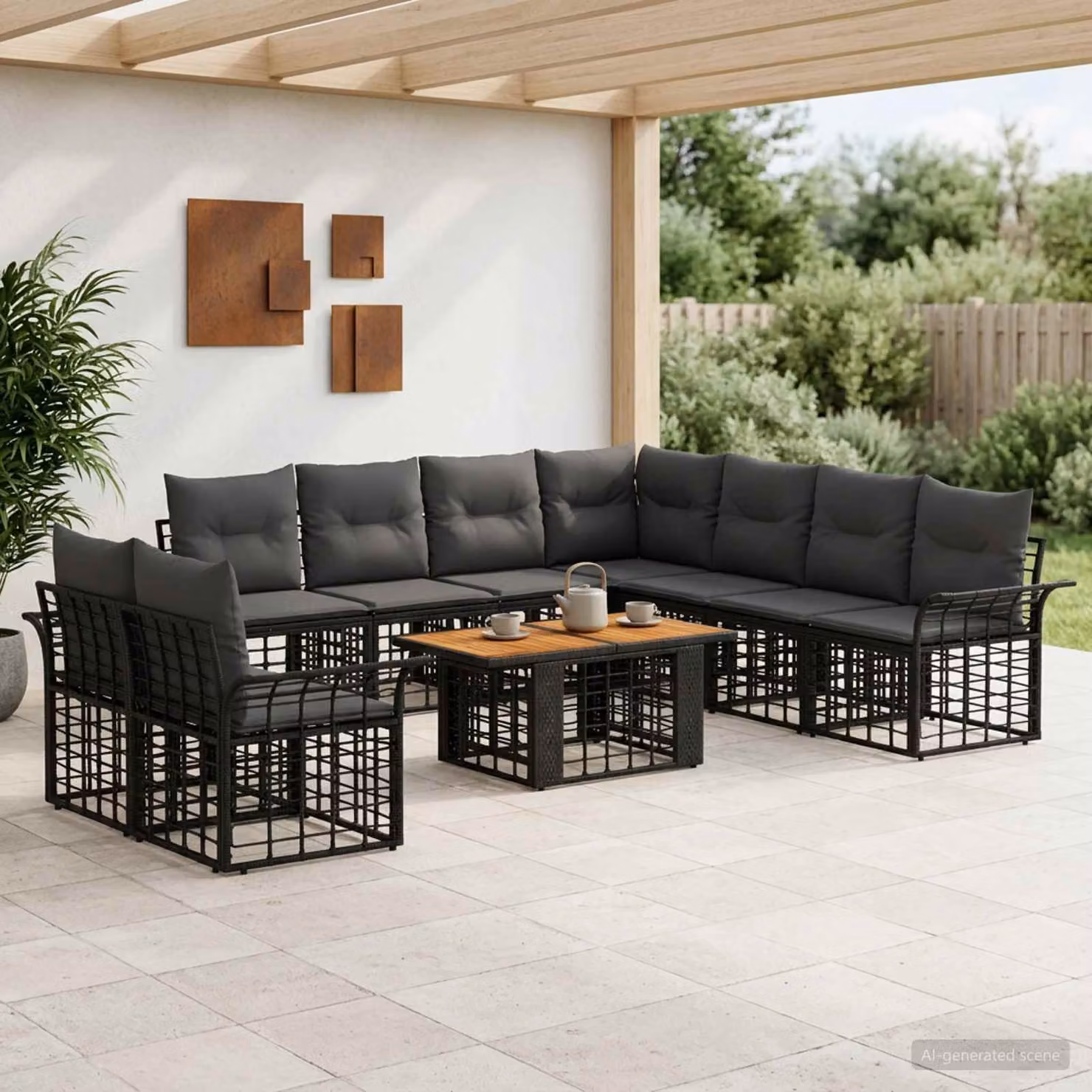 Set Divano da Giardino vidaXL 10 Pezzi in Polyrattan con Cuscini, Design Moderno a L, Colore Nero e Grigio