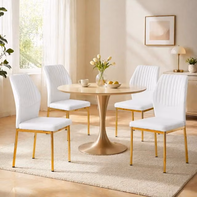 Set di 4 sedie da pranzo con schienale in PU bianco lavorato e gambe metalliche dorate, altezza 93 cm