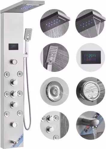 Sistema di pannelli doccia VEVOR in acciaio inox color argento con 6 modalità, LED, schermo idroelettrico, funzioni pioggia e idromassaggio, doccetta e bocca vasca, montaggio a parete