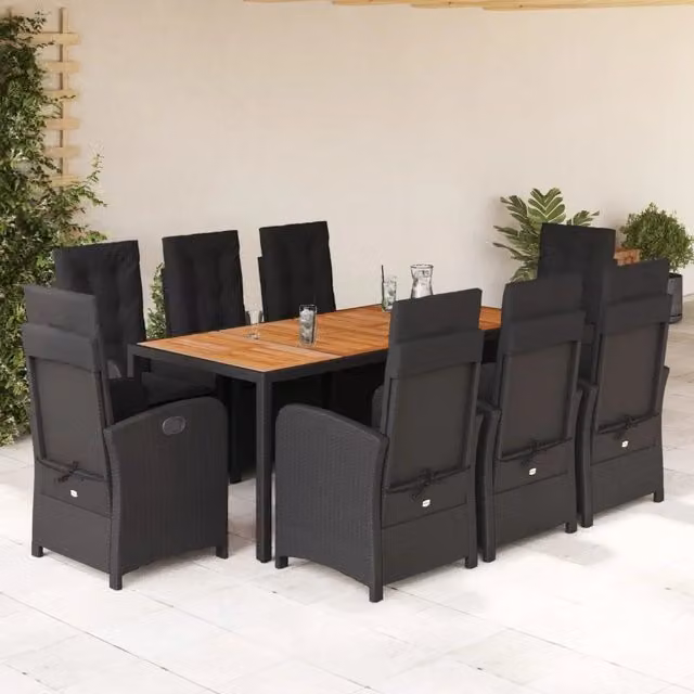 Set da Pranzo da Giardino vidaXL in Polyrattan e Legno di Acacia con Cuscini, Nero e Marrone
