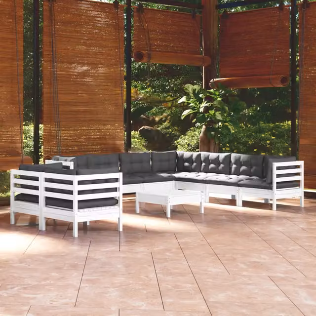 Set Divani da Giardino 10 pz con Cuscini Bianchi Legno di Pino 3096906