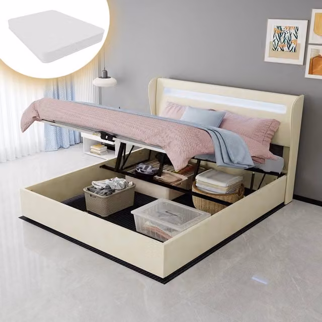 Letto Contenitore Imbottito con LED ¨C MINIMAL ¨C Beige 160x200 con Materasso