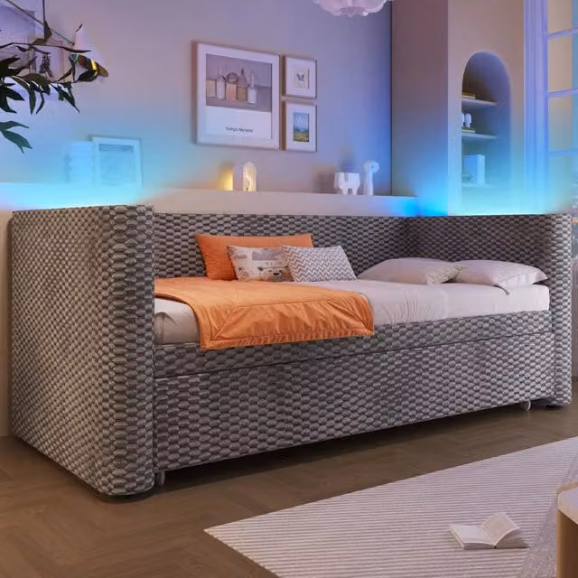 Letto 90x200 cm con letto estraibile e LED in velluto