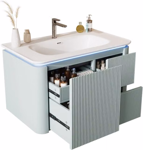 Mobile bagno verde con lavabo sospeso 80.5 cm; luce LED e 4 cassetti