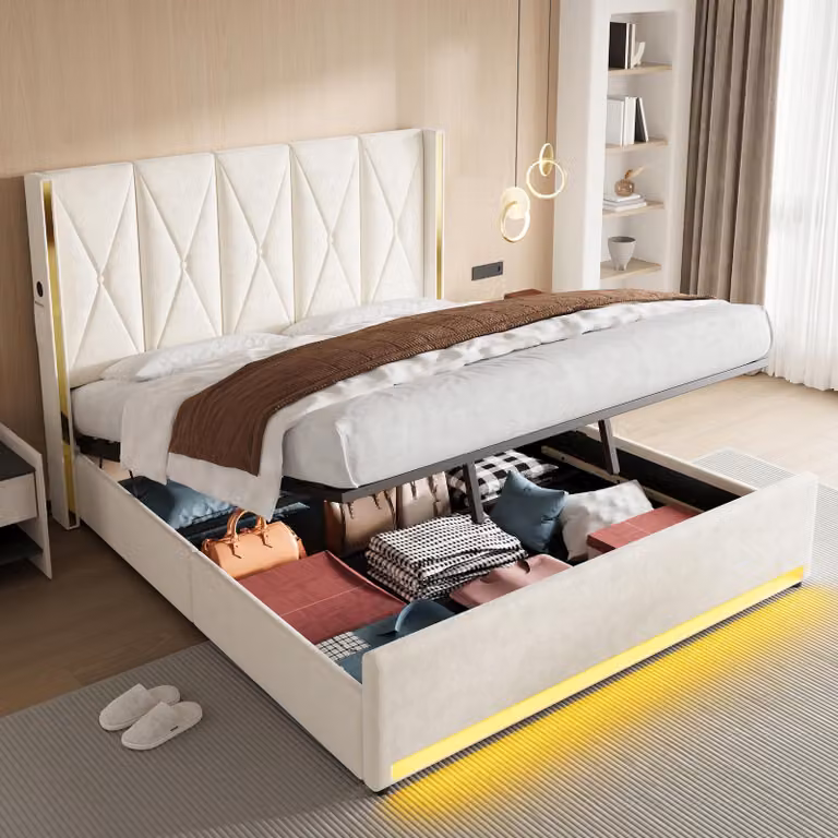LVHOM Letto imbottito con contenitore, letto matrimoniale con luci a LED, porte USB e tasche laterali, letto funzionale, 180x200 cm, beige