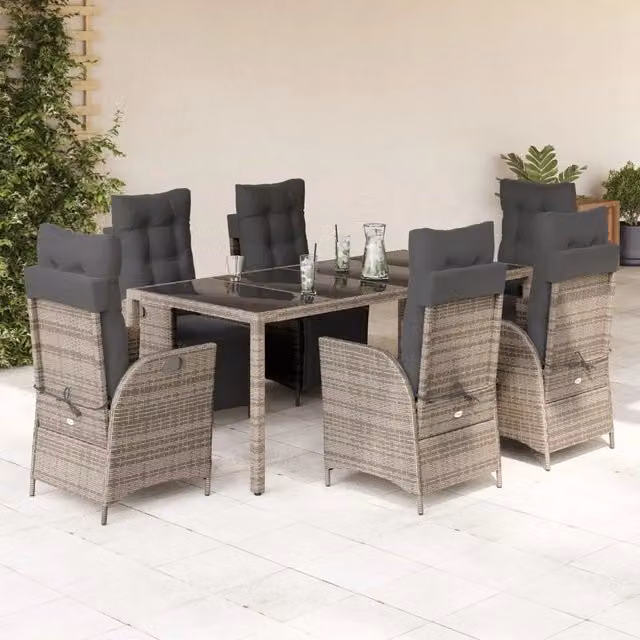 Set da Pranzo da Giardino vidaXL in Polyrattan Grigio con Tavolo in Vetro e 9 Sedute con Cuscini