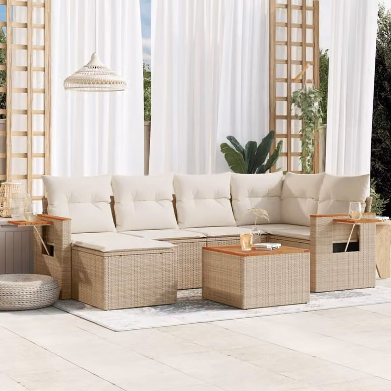 Set di divani da giardino vidaXL a forma di L composto da 7 pezzi con cuscini beige in polyrattan e tavolino da esterno