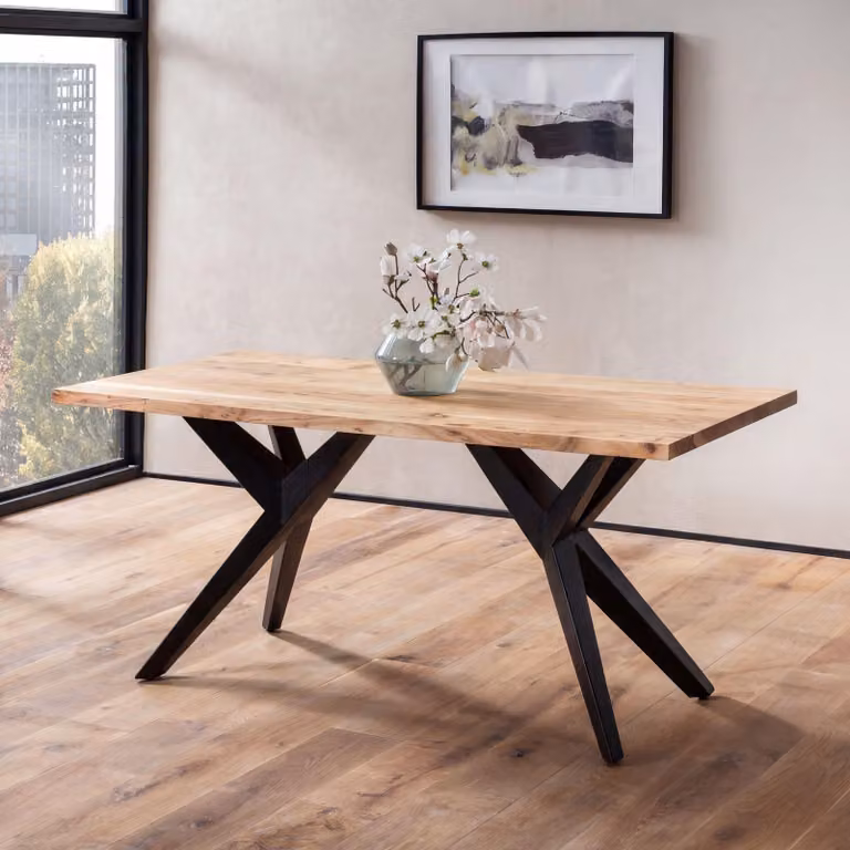Tavolo da pranzo FineBuy da 200 cm in legno massello di acacia con struttura in metallo dal design nero - Tavolo da pranzo in stile industrial loft - Tavolo in legno per 6-8 persone