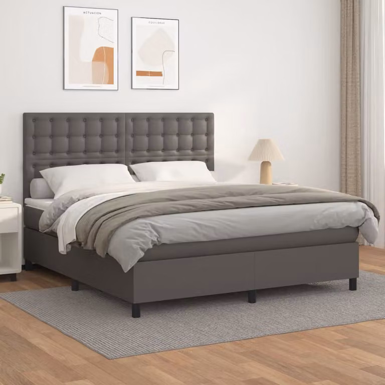 vidaXL Letto a Molle Ibrido con Materasso in Similpelle Grigio e Bianco L/P/H: 160 x 200 x 128 cm