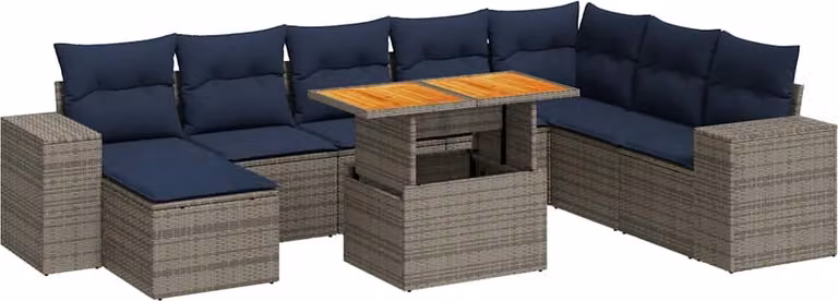 Set Divano da Giardino 9 pz con Cuscini Grigio in Polyrattan
