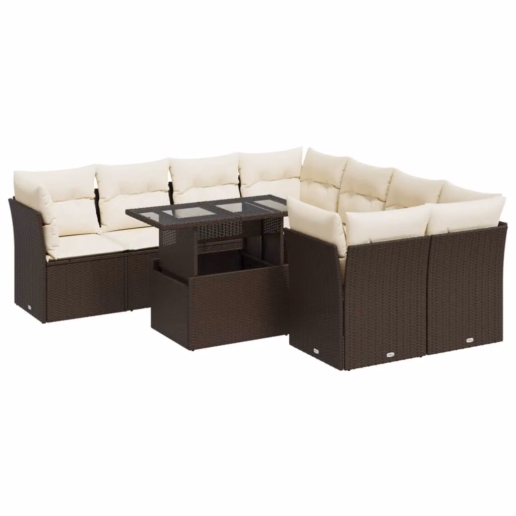 Set Divani da Giardino 9pz con Cuscini Marrone in Polyrattan