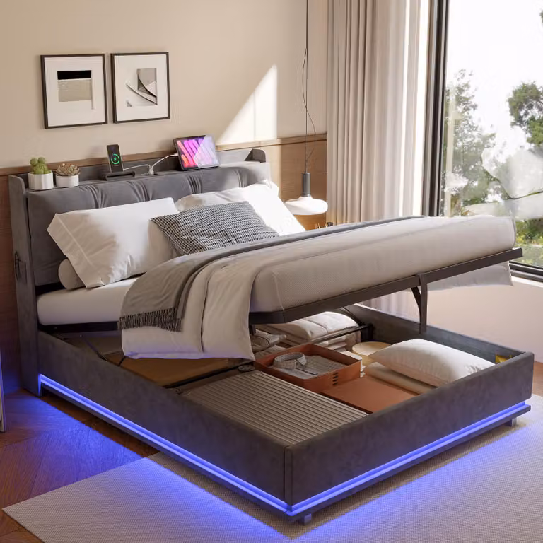 Letto imbottito 160x200 cm con contenitore, luci LED RGB, porta USB-C, sistema di sollevamento idraulico, testiera contenitore, rete a doghe, rivestito in velluto, letto matrimoniale grigio