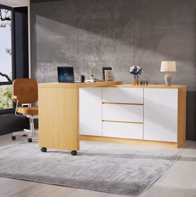 Scrivania girevole ULEVR 120x50x76,5 cm con 2 ante, 3 cassetti e 2 ruote bloccabili, rovere e bianco