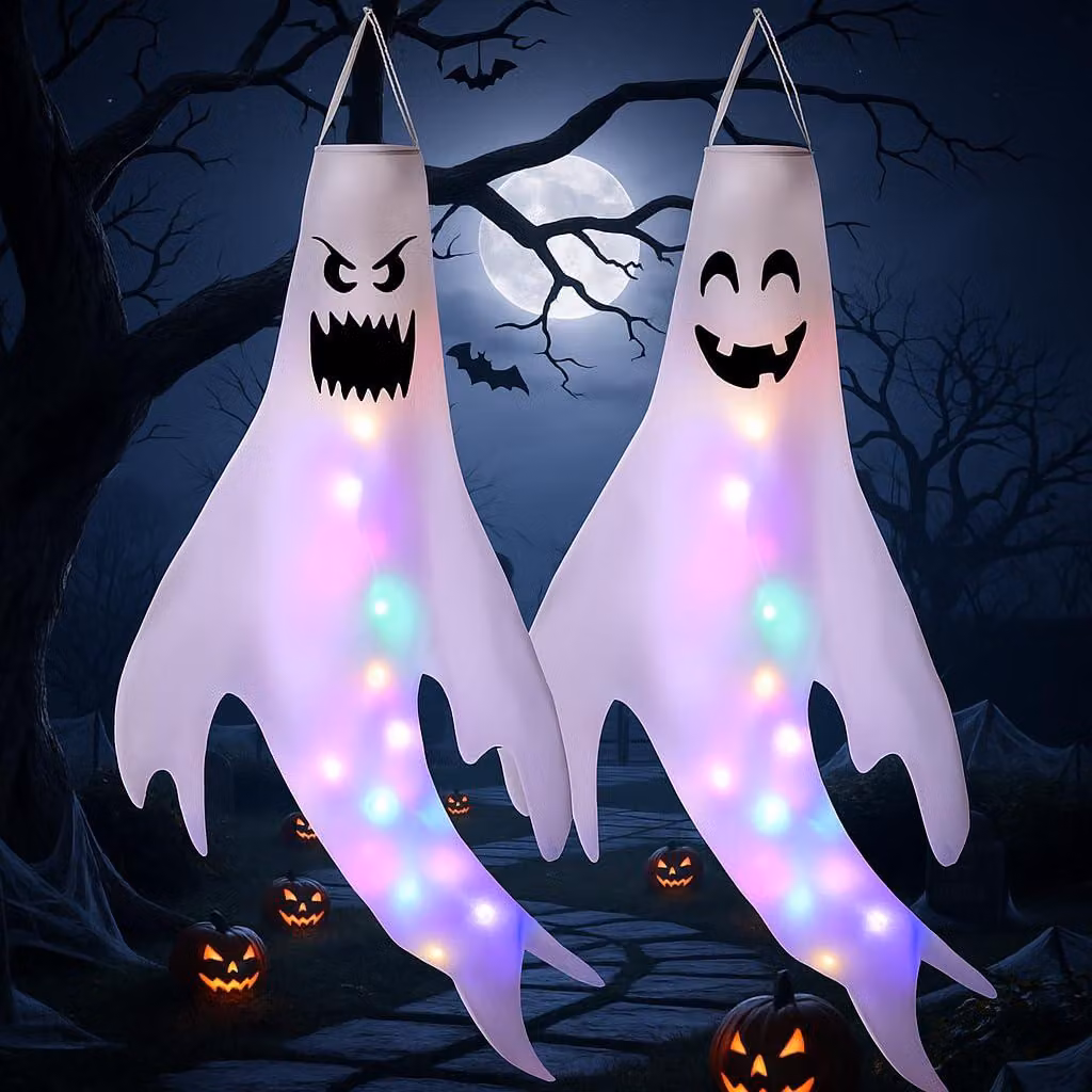 Sacchetto fantasma con luci LED, decorazione per Halloween, confezione da 2, dimensioni 130x60 cm