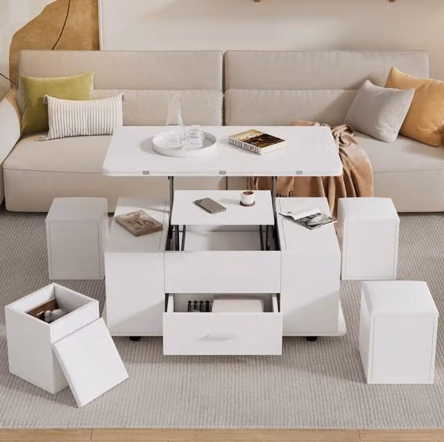 Tavolino da caffè sollevabile 100x50x45 cm bianco, 4 sgabelli, contenitore