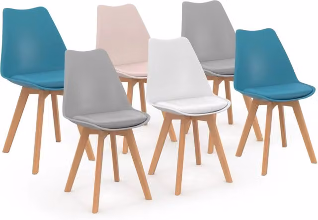 Set di 6 sedie SARA IDMarket in stile scandinavo, mix colori rosa pastello, bianco, grigio chiaro e blu