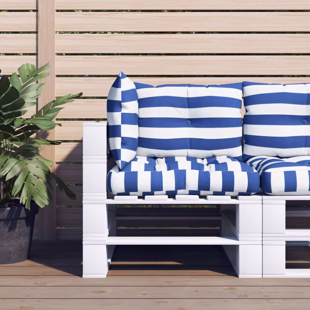 Set di 3 cuscini per pallet vidaXL in tessuto Oxford impermeabile e traspirante, fantasia a strisce blu e bianche, stile marittimo