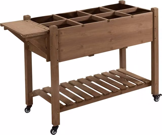 Fioriera da esterno Outsunny in legno di abete marrone con 8 vasi, ripiano laterale e mensola inferiore, L 123 cm x P 54 cm x H 87 cm