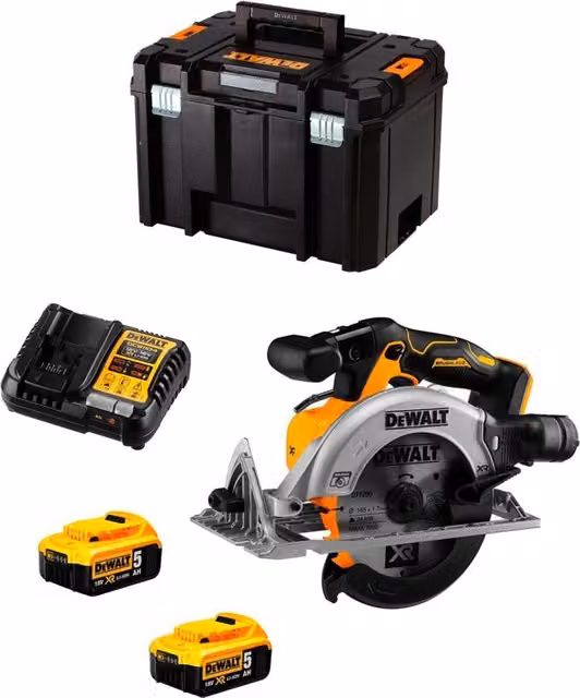 Sega circolare DeWalt DCS565P2T gialla con 2 batterie da 5,0 Ah, caricabatterie DCB1104 e sistema di contenimento TSTAK VI