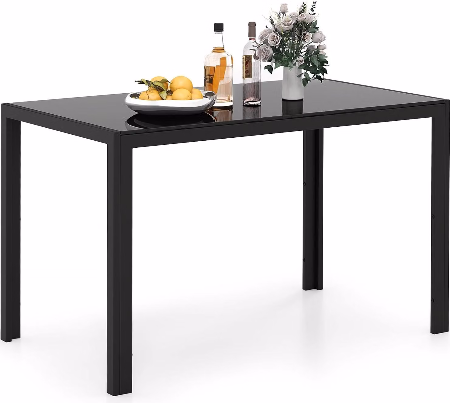 Tavolo da pranzo per 4 persone, piano in vetro, struttura in metallo nero, 120x70x75 cm