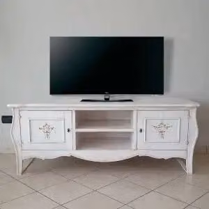 Mobile Porta tv bombato Shabby chic bianco anticato decorato 2 ante 2 vani mod Venezia