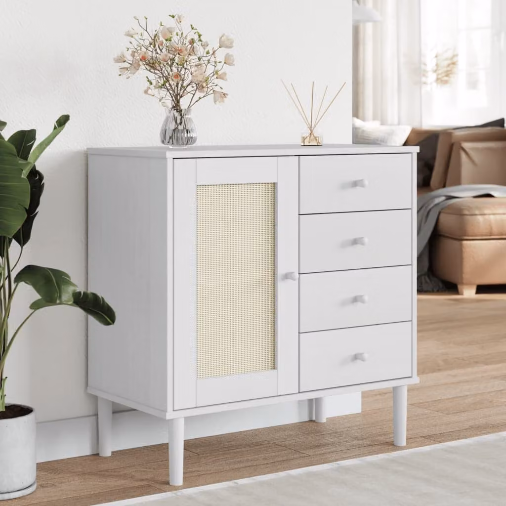 Credenza vidaXL SENJA in legno di pino massello con aspetto rattan, colore bianco, L 80 cm, P 40 cm, H 80 cm