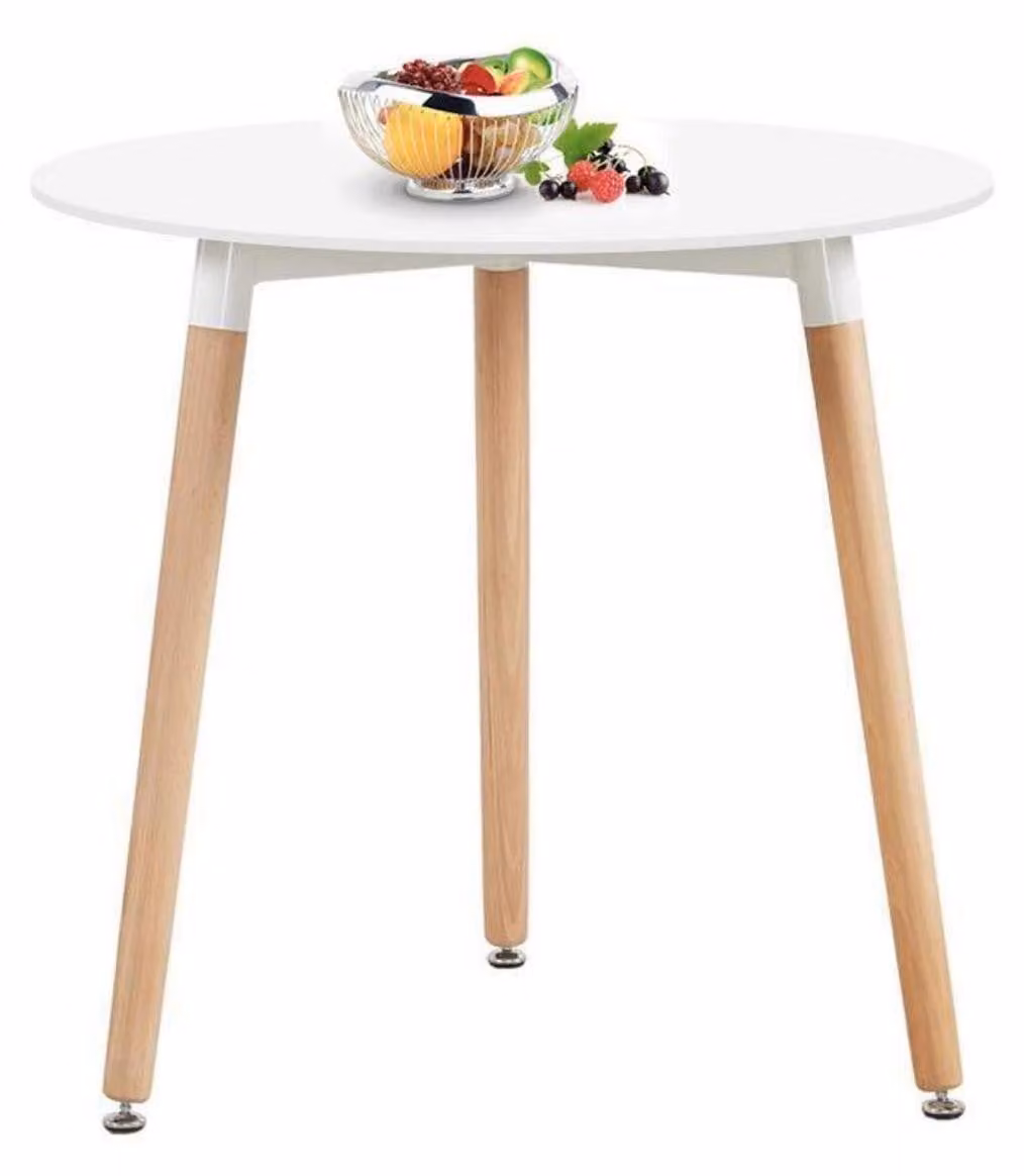 Tavolo rotondo da pranzo, bianco, in legno, dimensioni 80x80x72 cm, gambe in legno naturale