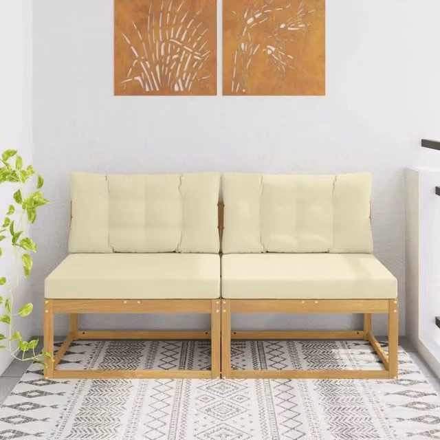 Set di 2 pezzi di divani centrali da esterno vidaXL in legno di acacia con cuscini bianchi e beige
