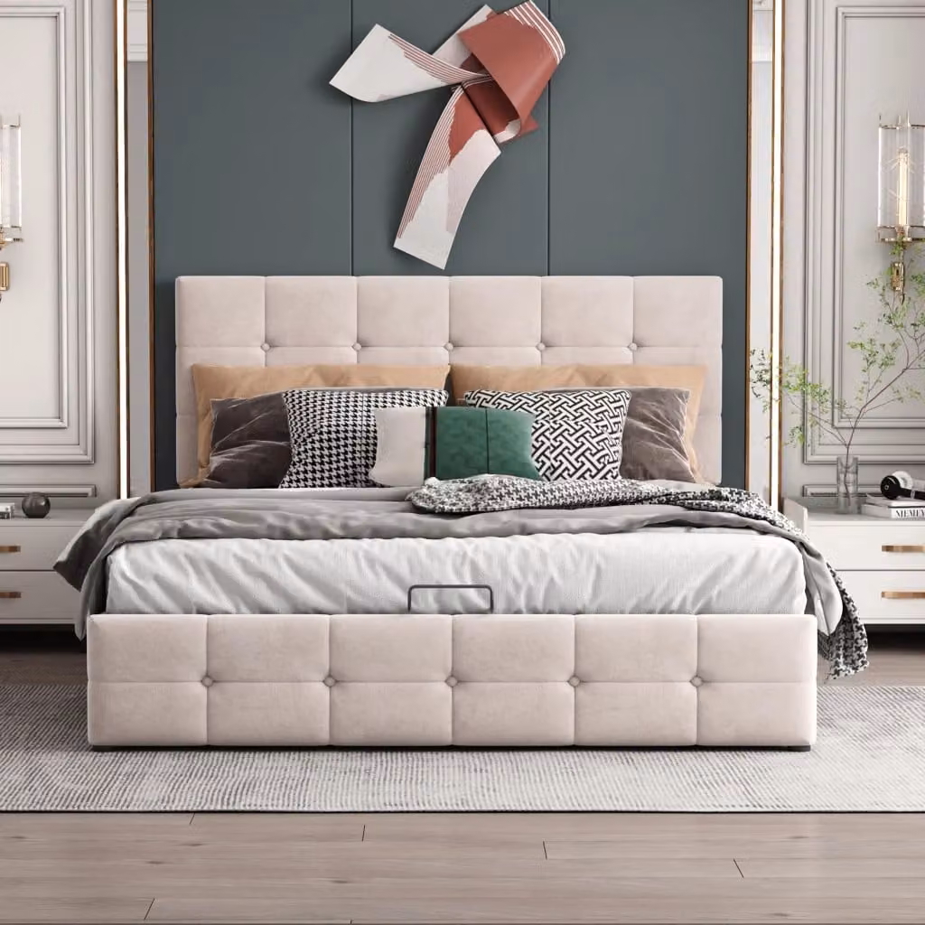 Letto imbottito moderno KOMHTOM in velluto beige con contenitore a sollevamento L 140 cm x P 200 cm x H 203 cm – 2