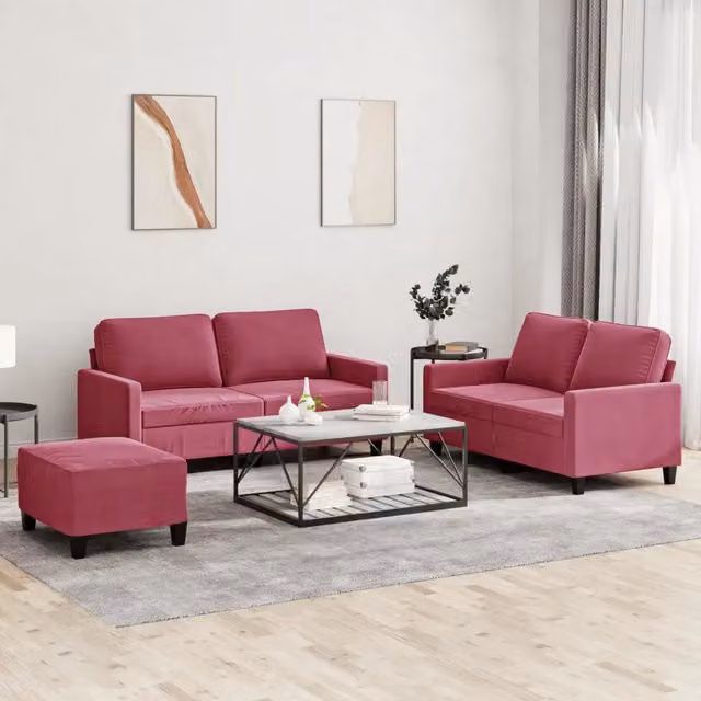Set di divani 3 pezzi vidaXL in velluto rosso con cuscini per il tuo soggiorno – 1