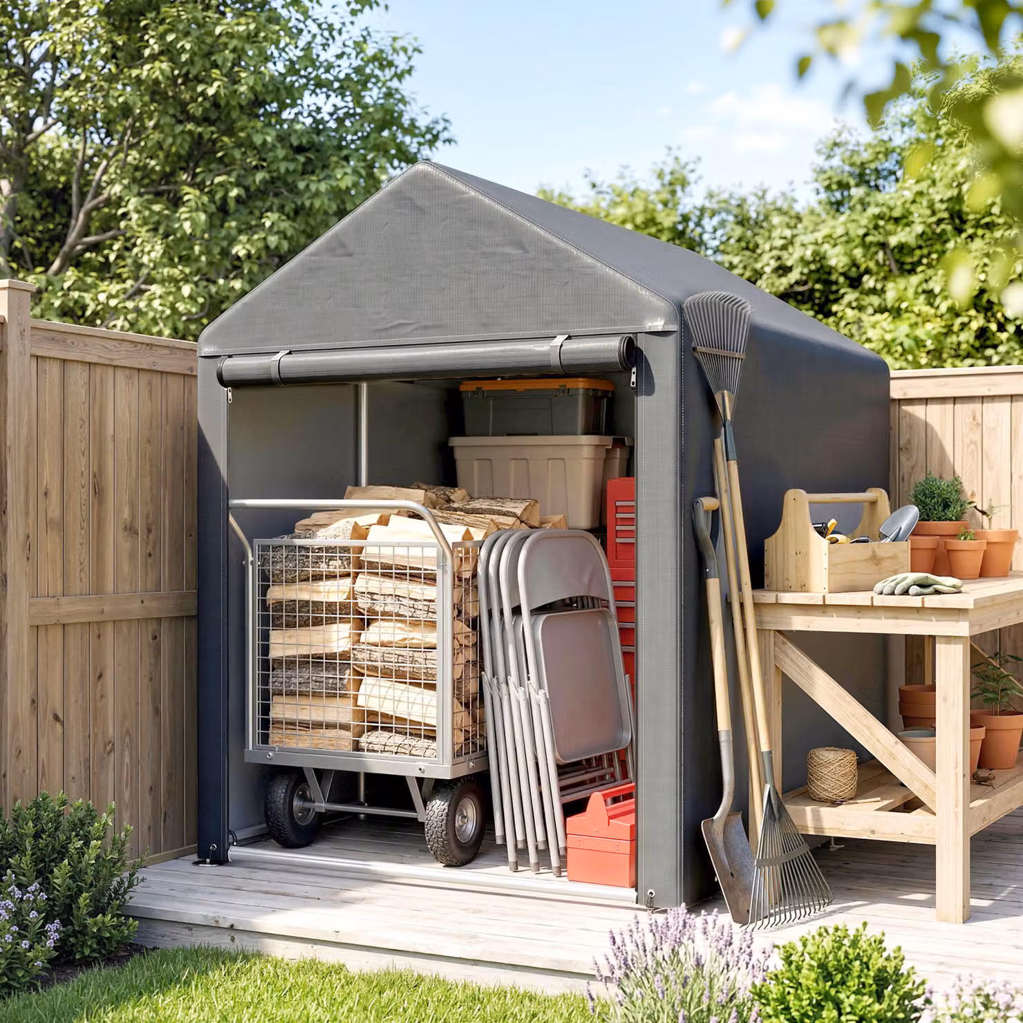 Capanno per attrezzi Outsunny in acciaio zincato e tessuto PE con ingresso a zip, Grigio scuro, L 120 x P 179 x H 165 cm – 2