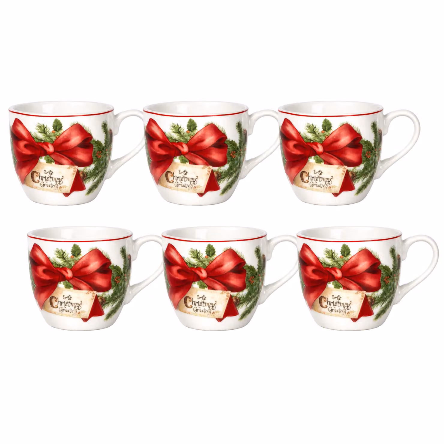 Set di 6 tazzine da caffè natalizie Red Ribbon Garland Vestiamo Casa in porcellana, colori rosso e bianco, 9 cl – 1
