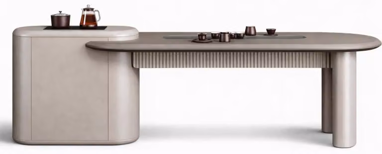 Tavolo da pranzo moderno con un'illuminazione elegante e una forma minimalista