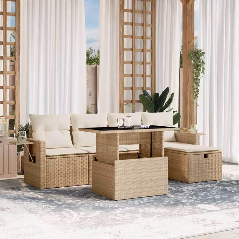 Set Divano da Giardino vidaXL 6 pz a Forma a L con Cuscini Beige e Tavolino da Esterno in Polyrattan e Metallo