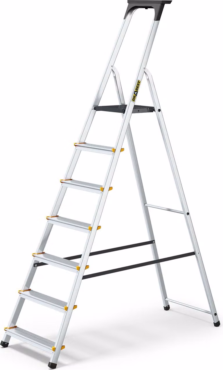 Drabest | Scala - Scala multiuso in alluminio PRO - 7 gradini - Scaletta - stabile, leggera, con ripiano - Portata 150 kg