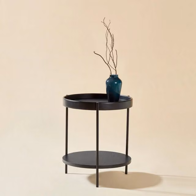 Tavolino da caffè rotondo a 2 ripiani Ø69 x 38 cm in legno massello; MDF e ferro nero