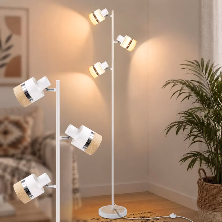 Lampada da terra ZMH per soggiorno, lampada ad arco a 3 luci, bianca, attacco E14, 350°, orientabile, con interruttore a pedale, lampada da terra retrò con paralume in tessuto, ideale per la camera da letto