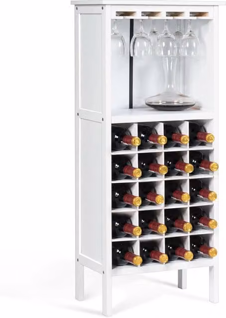 Cantinetta portabottiglie in legno, Scaffale di vino con porta calici per 20 bottiglie-Buffet-Armadio da cucina 42x24,5x96cm Bianco