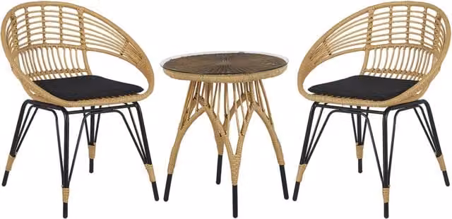 Set Bistro da Esterno Beliani in Polirattan e Metallo con Tavolino in Vetro, Stile Boho, Colore Marrone e Nero