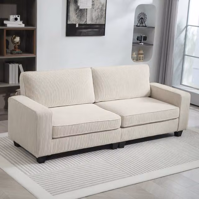 Divano 3 posti moderno WISHDOR con rivestimento in velluto a coste e cuscini inclusi, colore bianco, L: 227 cm, P: 84 cm, H: 87 cm